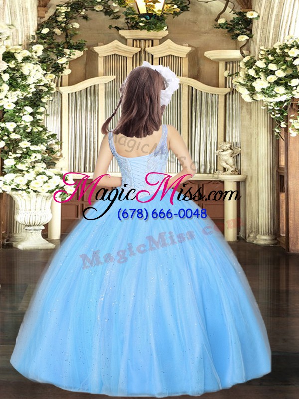 wholesale inexpensive straps sleeveless lace up little girl pageant dress baby blue tulle