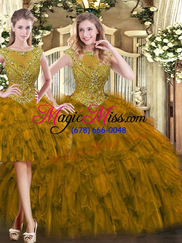 wholesale sleeveless tulle floor length zipper ball gown prom dress in brown with beading and ruffles