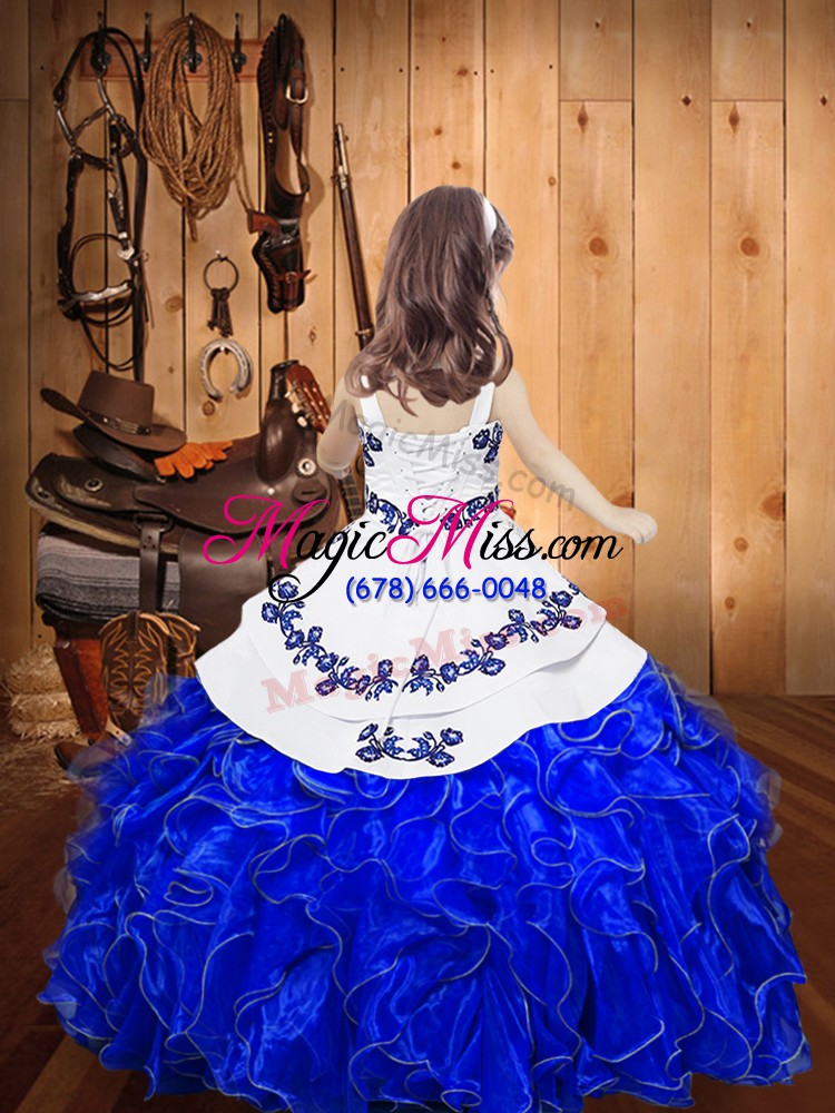 wholesale fancy blue lace up little girl pageant gowns embroidery and ruffles sleeveless floor length