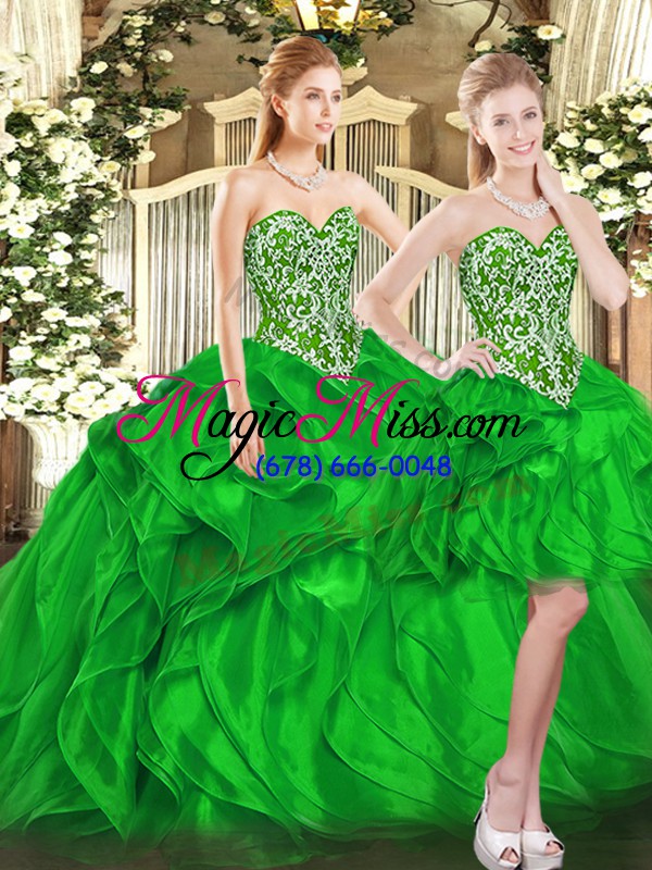 wholesale green sweetheart neckline beading and ruffles ball gown prom dress sleeveless lace up