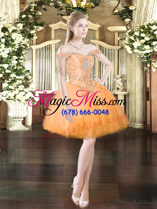 wholesale low price orange red organza lace up quince ball gowns sleeveless floor length beading and ruffles