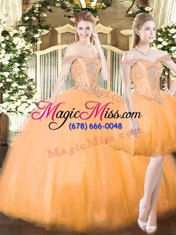 wholesale low price orange red organza lace up quince ball gowns sleeveless floor length beading and ruffles