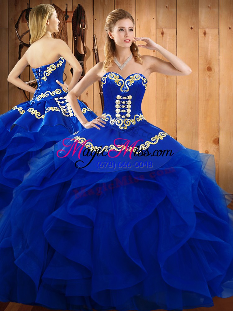 wholesale blue lace up sweetheart embroidery and ruffles quince ball gowns satin and organza sleeveless