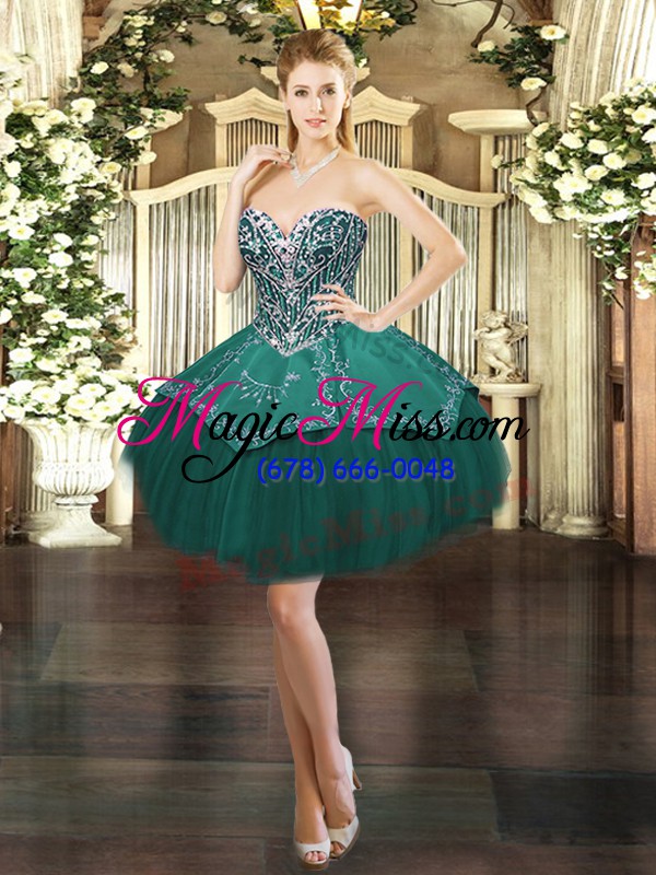 wholesale flare sweetheart sleeveless 15 quinceanera dress floor length beading and appliques dark green tulle