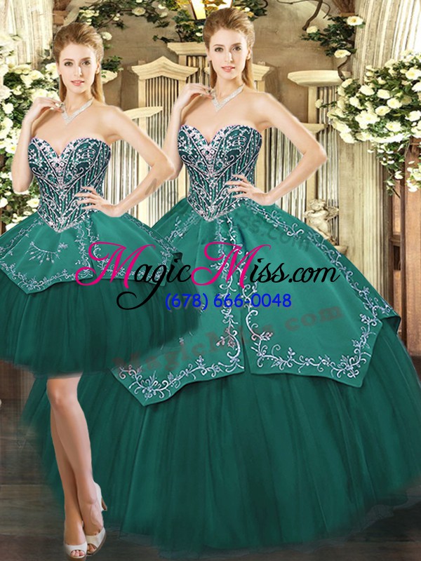 wholesale flare sweetheart sleeveless 15 quinceanera dress floor length beading and appliques dark green tulle