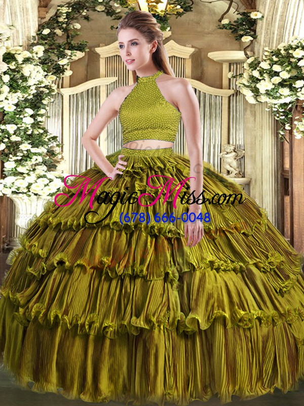 wholesale olive green ball gowns halter top sleeveless organza floor length backless beading and ruffled layers quinceanera dress