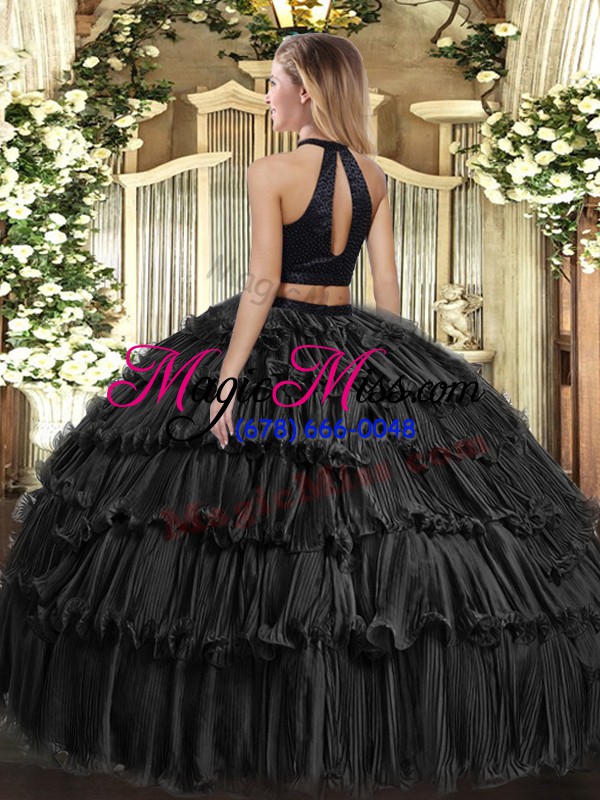 wholesale olive green ball gowns halter top sleeveless organza floor length backless beading and ruffled layers quinceanera dress