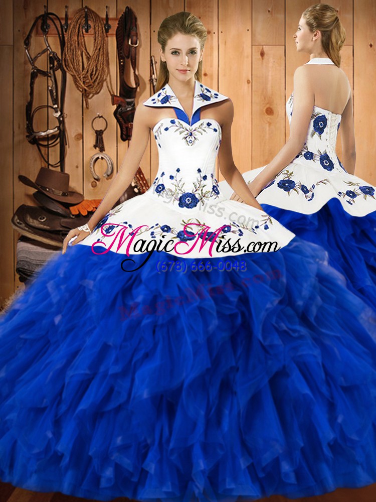 wholesale ball gowns quinceanera dress blue and white halter top satin and organza sleeveless floor length lace up