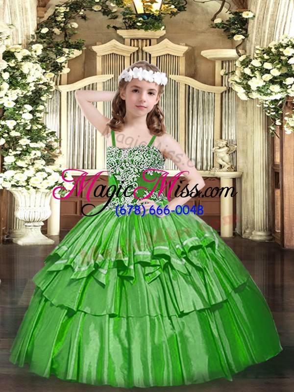 wholesale green organza lace up little girls pageant dress sleeveless floor length appliques and ruffled layers