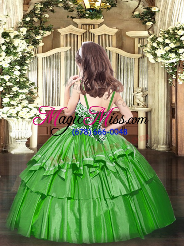 wholesale green organza lace up little girls pageant dress sleeveless floor length appliques and ruffled layers