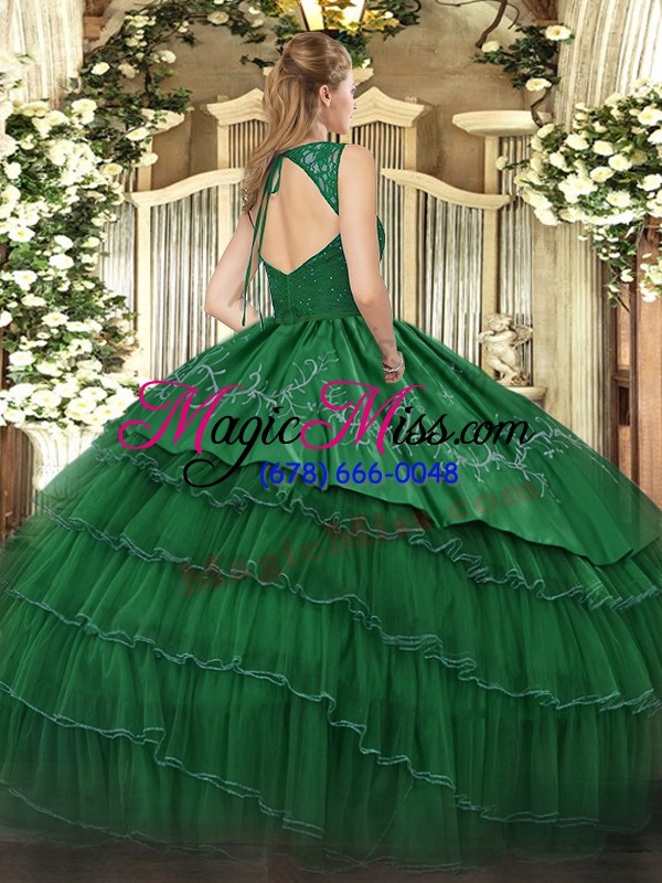 wholesale popular satin and tulle sleeveless floor length ball gown prom dress and beading and embroidery and ruffled layers