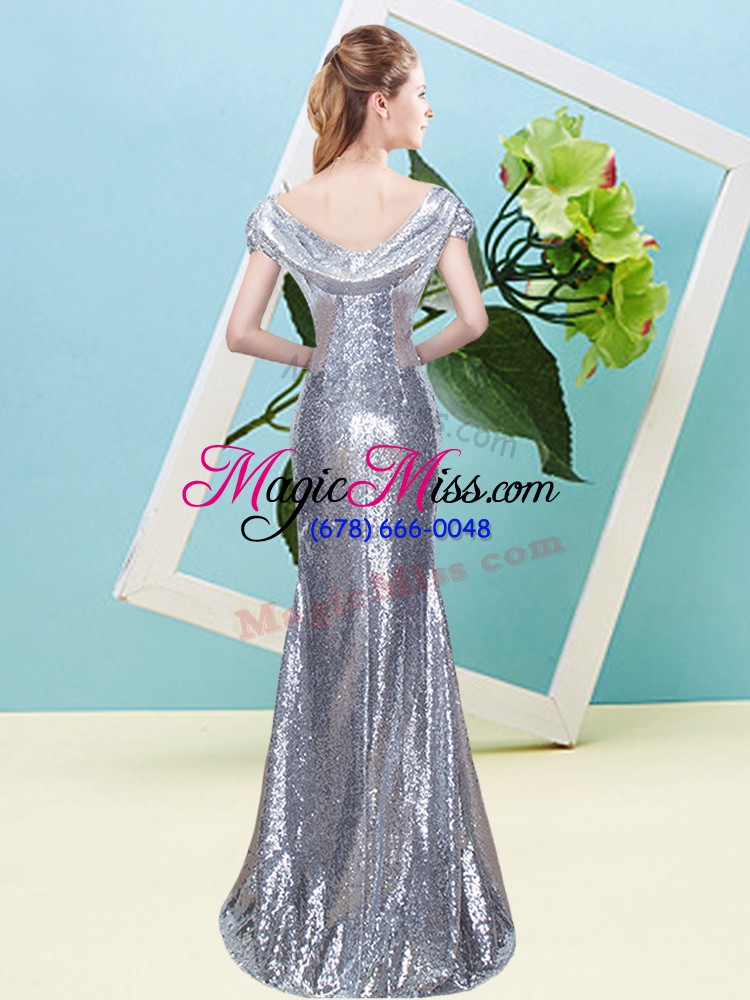 wholesale luxurious scoop cap sleeves homecoming dress floor length sequins fuchsia sequined