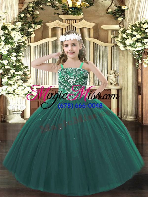 wholesale elegant dark green tulle lace up little girls pageant dress sleeveless floor length beading