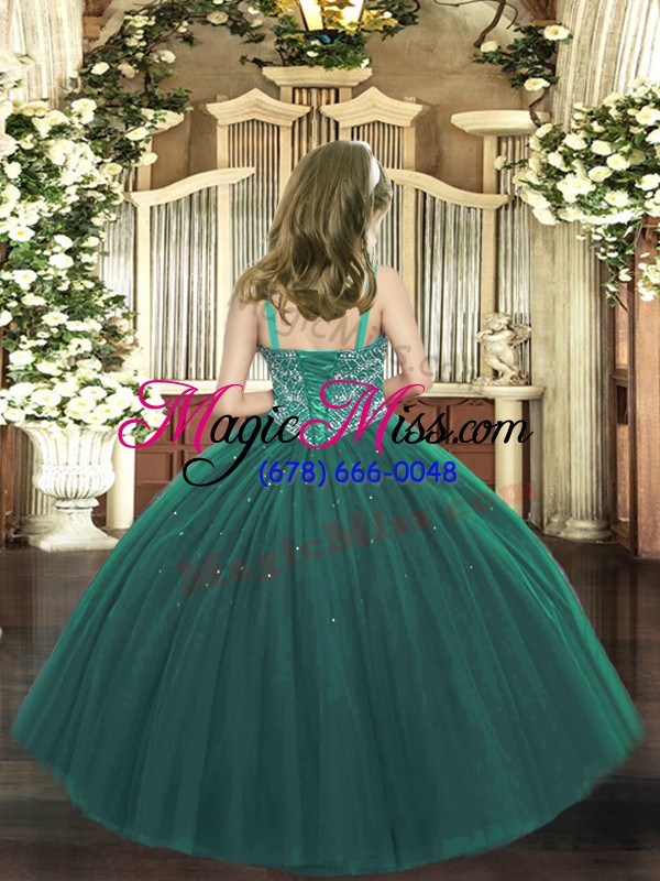 wholesale elegant dark green tulle lace up little girls pageant dress sleeveless floor length beading