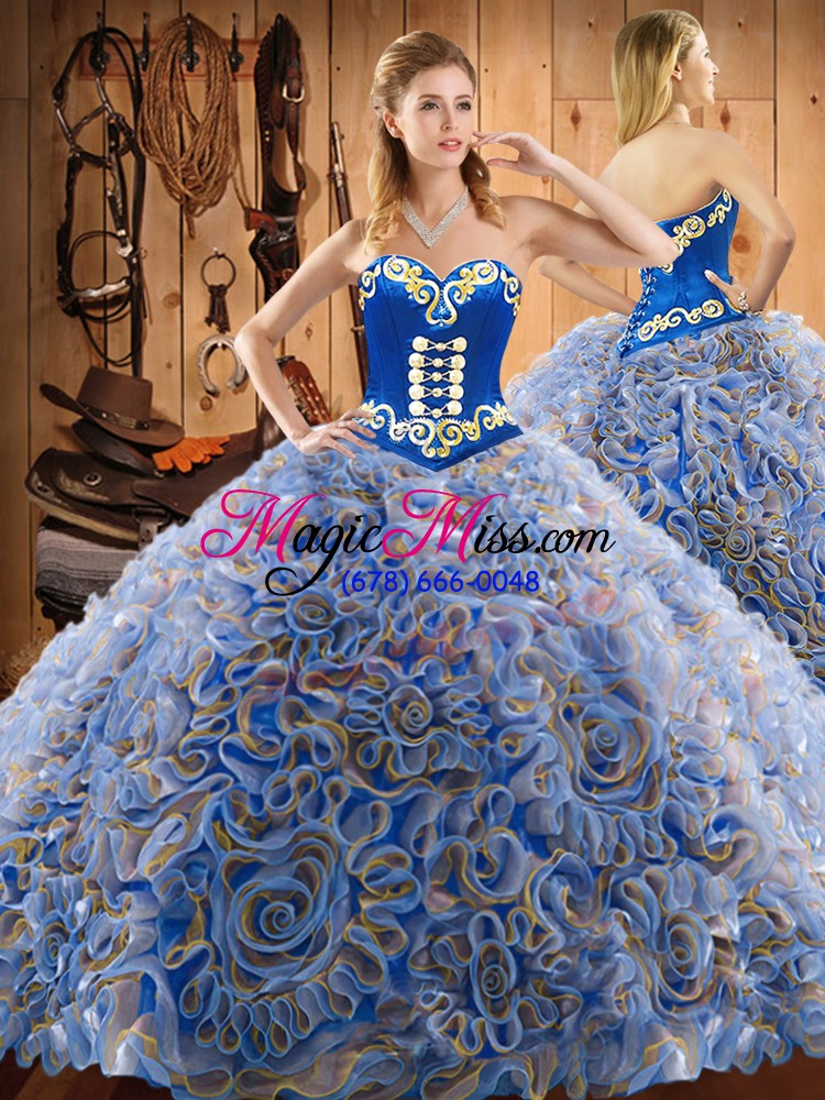 wholesale fashionable strapless sleeveless satin and fabric with rolling flowers quinceanera dress embroidery sweep train lace up