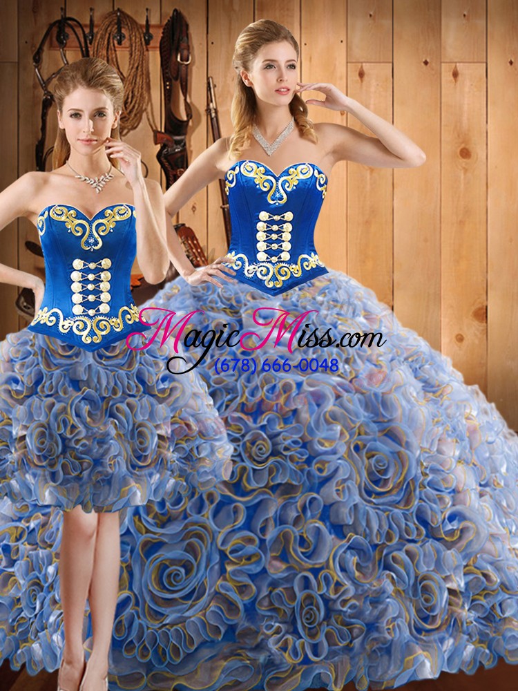 wholesale fashionable strapless sleeveless satin and fabric with rolling flowers quinceanera dress embroidery sweep train lace up