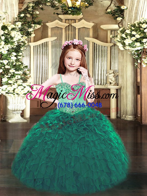 wholesale dark green lace up kids formal wear beading and ruffles sleeveless floor length