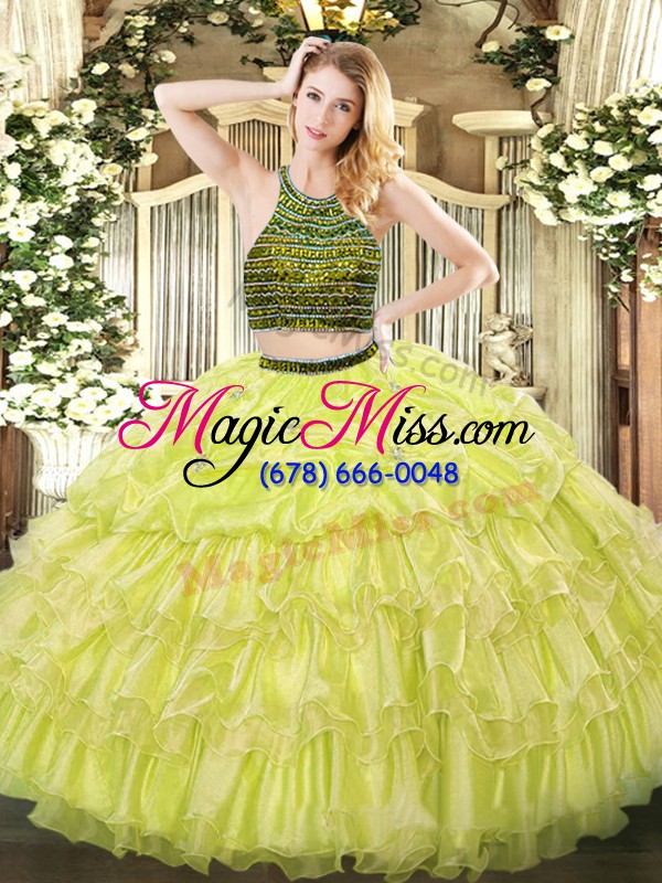 wholesale free and easy halter top sleeveless ball gown prom dress floor length beading and ruffled layers yellow green organza