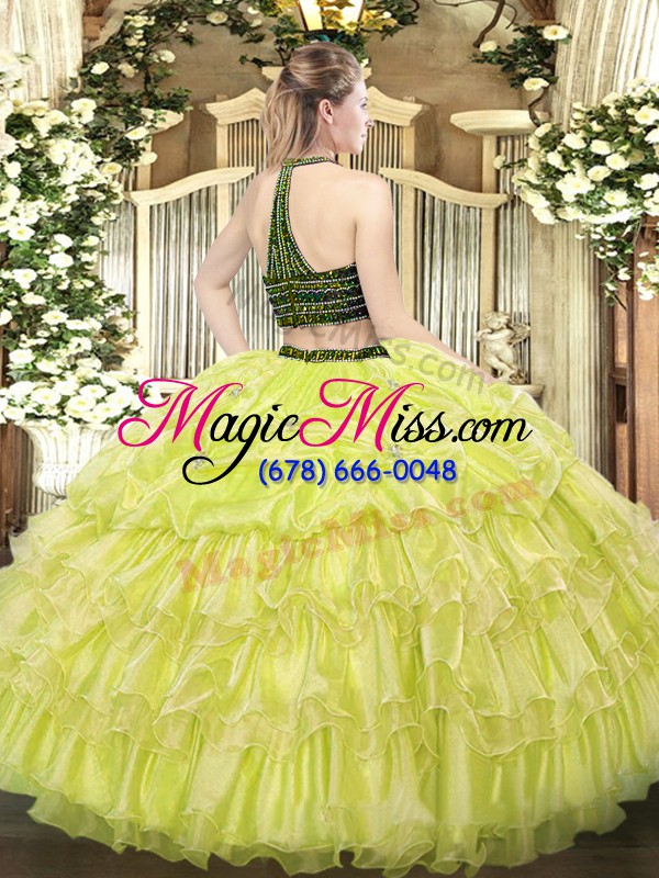 wholesale free and easy halter top sleeveless ball gown prom dress floor length beading and ruffled layers yellow green organza