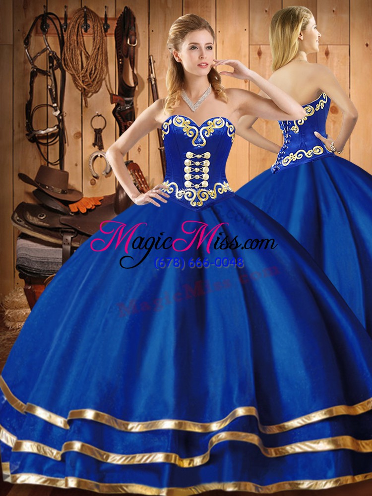 wholesale top selling sleeveless floor length embroidery lace up sweet 16 dresses with blue