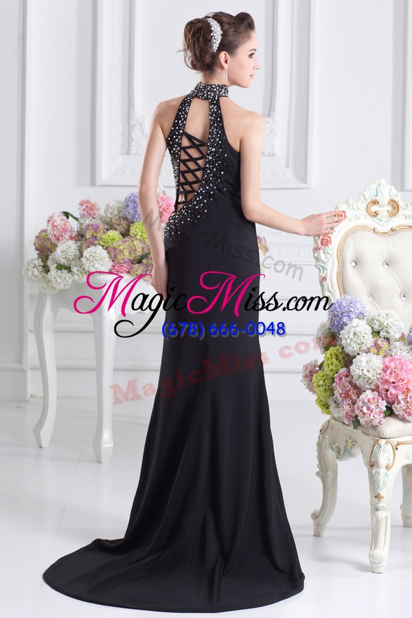 wholesale high class dark green lace up halter top beading prom dress elastic woven satin sleeveless sweep train