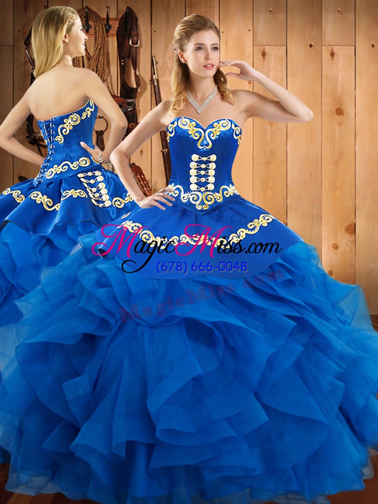 wholesale blue lace up sweetheart embroidery and ruffles 15 quinceanera dress satin and organza sleeveless