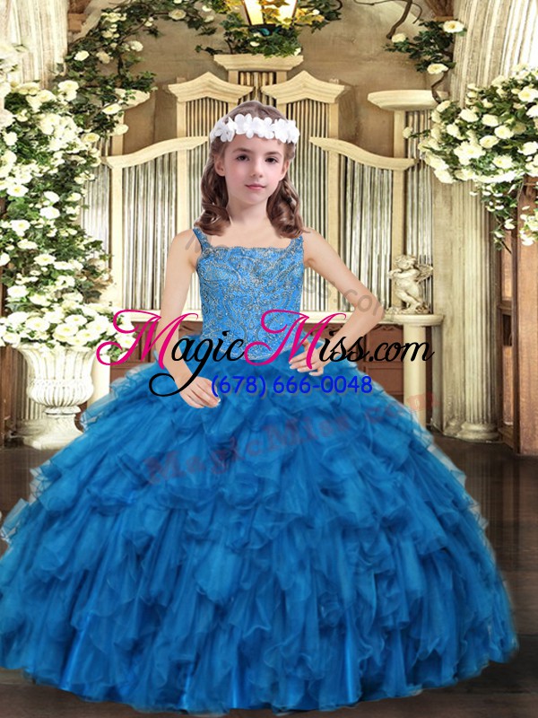 wholesale perfect blue straps lace up beading and ruffles kids formal wear sleeveless