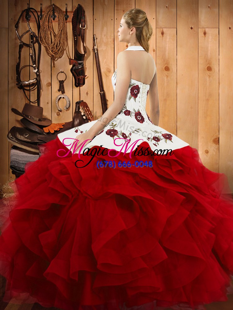 wholesale halter top sleeveless quinceanera gown floor length embroidery and ruffles fuchsia tulle