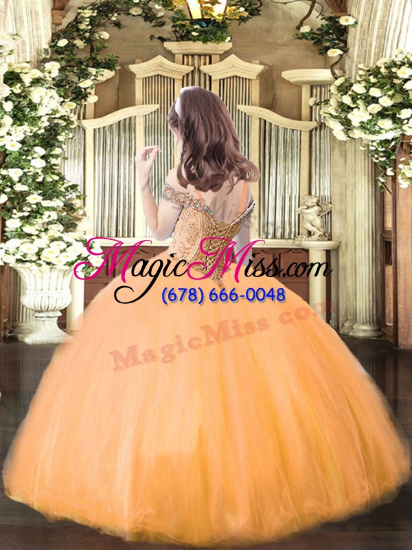 wholesale orange little girls pageant gowns party and quinceanera with beading off the shoulder sleeveless lace up