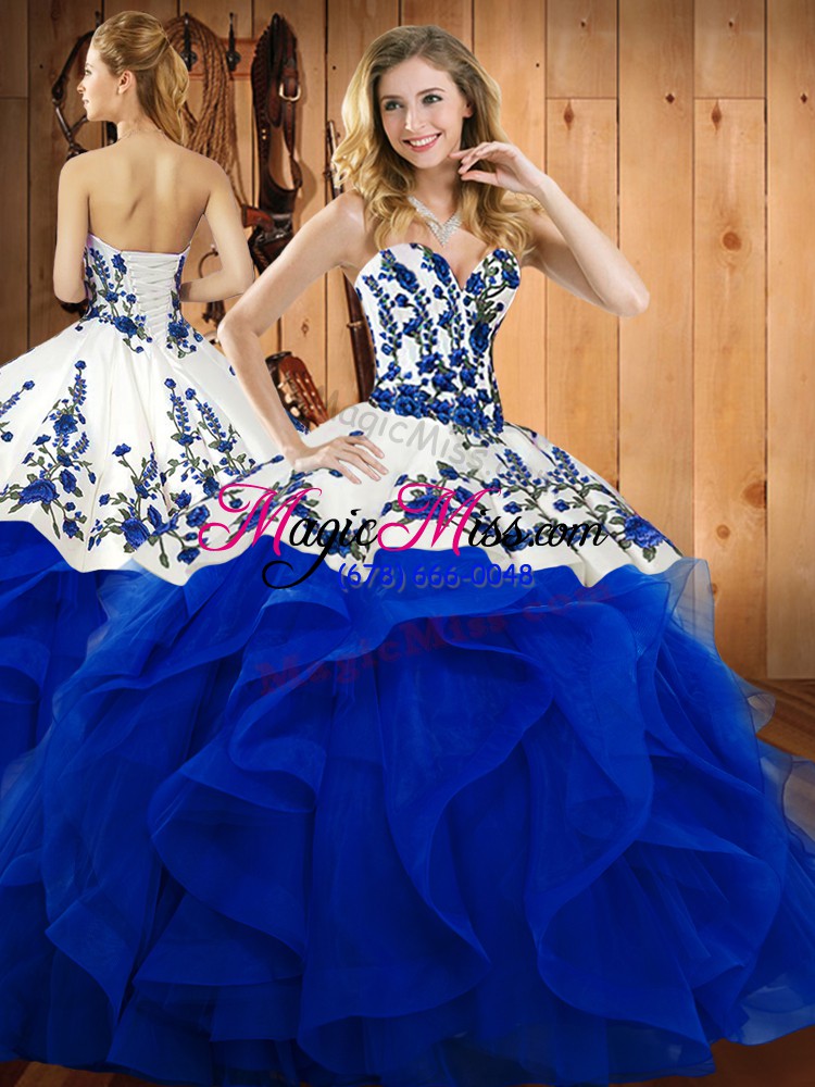 wholesale royal blue sweetheart neckline embroidery and ruffles vestidos de quinceanera sleeveless lace up