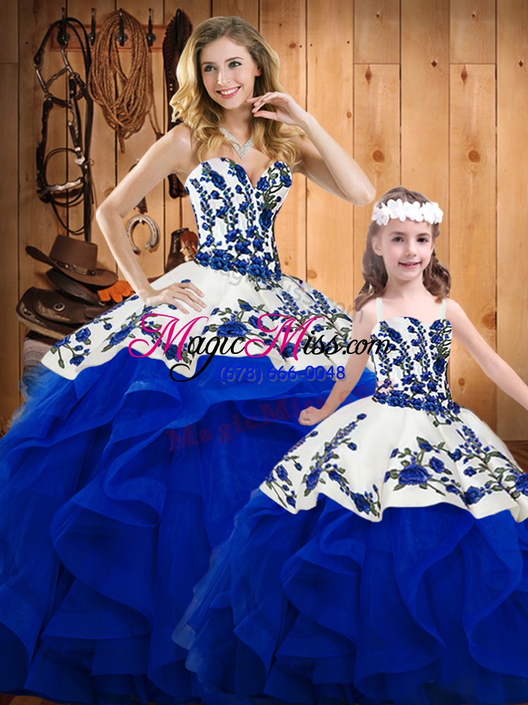 wholesale royal blue sweetheart neckline embroidery and ruffles vestidos de quinceanera sleeveless lace up