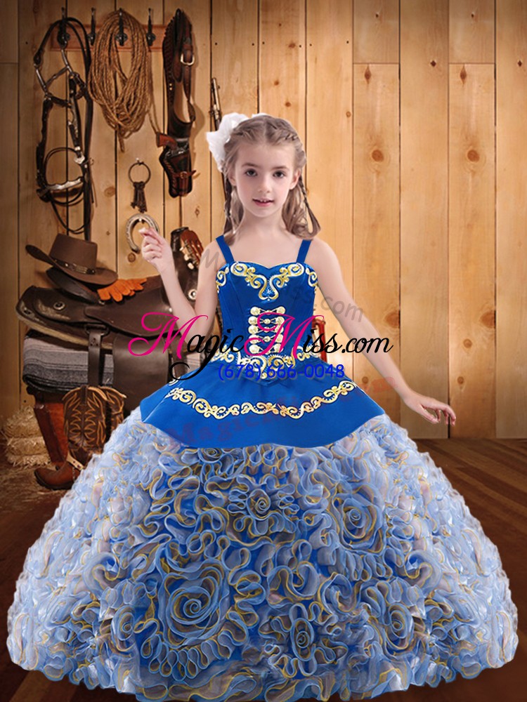 wholesale super multi-color fabric with rolling flowers lace up straps sleeveless floor length little girl pageant dress embroidery and ruffles