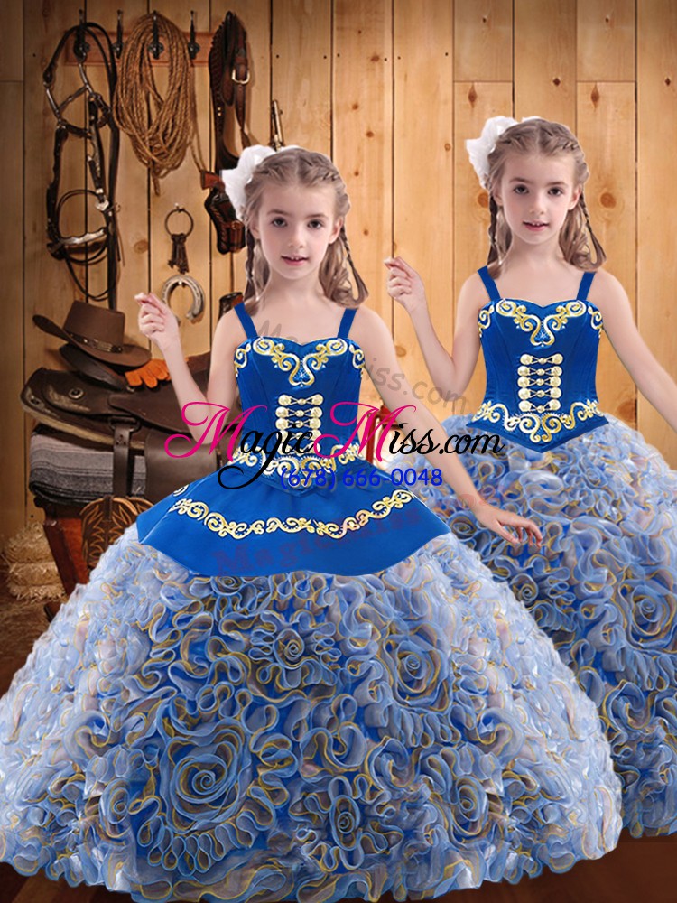 wholesale super multi-color fabric with rolling flowers lace up straps sleeveless floor length little girl pageant dress embroidery and ruffles