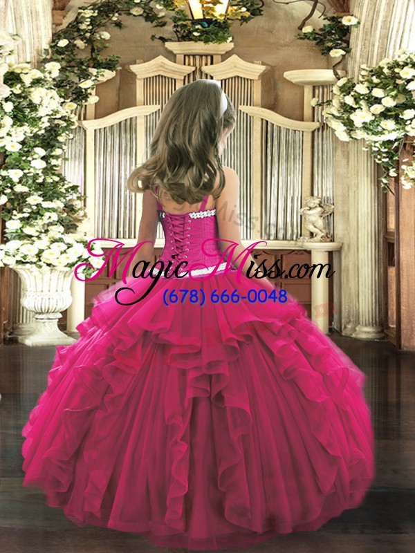 wholesale appliques and ruffles little girl pageant gowns fuchsia lace up sleeveless floor length