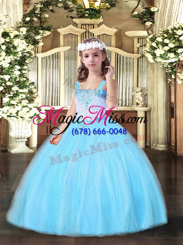 wholesale high class straps sleeveless little girls pageant dress wholesale floor length beading aqua blue tulle