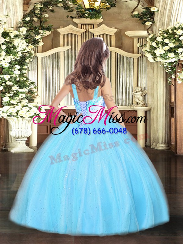 wholesale high class straps sleeveless little girls pageant dress wholesale floor length beading aqua blue tulle