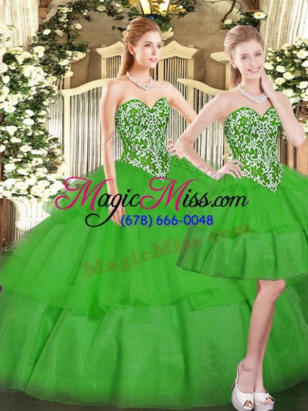 wholesale trendy green vestidos de quinceanera military ball and sweet 16 and quinceanera with beading and ruffled layers sweetheart sleeveless lace up