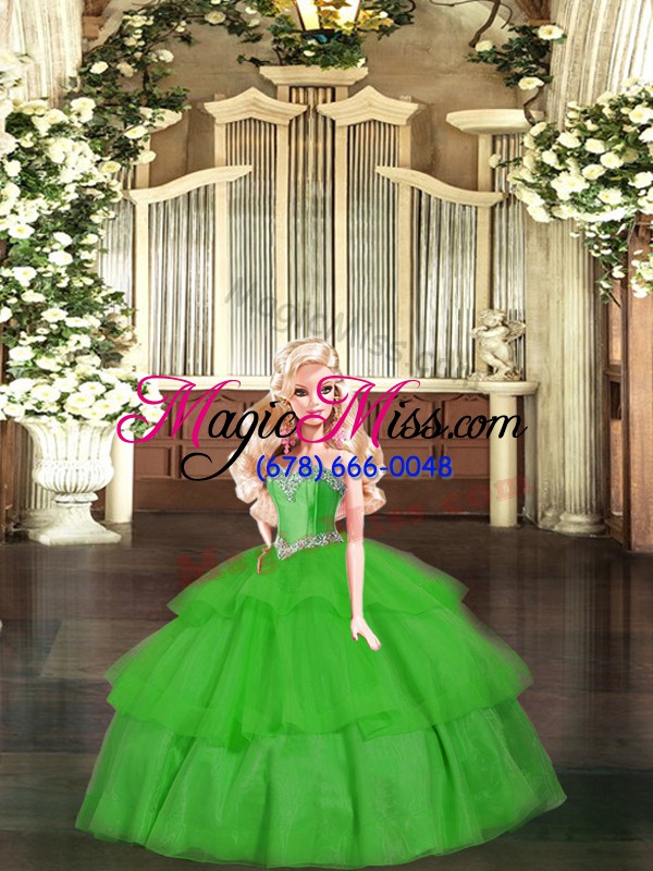 wholesale green organza lace up sweetheart sleeveless floor length vestidos de quinceanera beading and ruffled layers