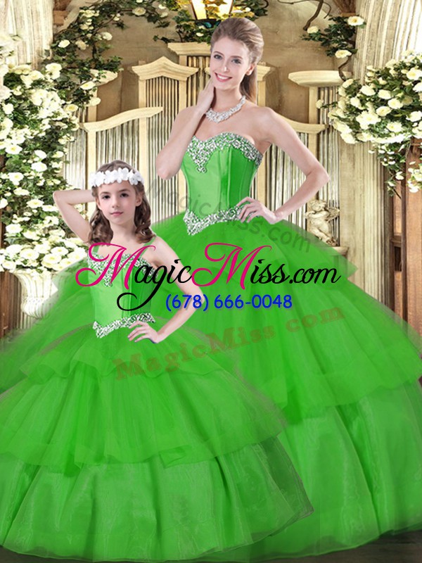 wholesale green organza lace up sweetheart sleeveless floor length vestidos de quinceanera beading and ruffled layers