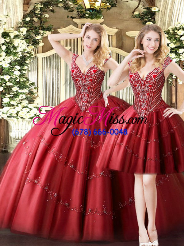 wholesale traditional floor length wine red quinceanera gown tulle sleeveless beading