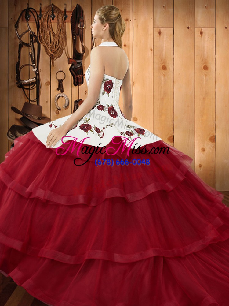 wholesale glorious sweep train ball gowns quinceanera gown blue halter top organza sleeveless lace up