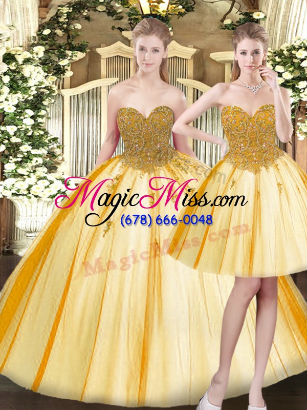 wholesale cheap gold ball gowns sweetheart sleeveless tulle floor length lace up beading and appliques sweet 16 dresses