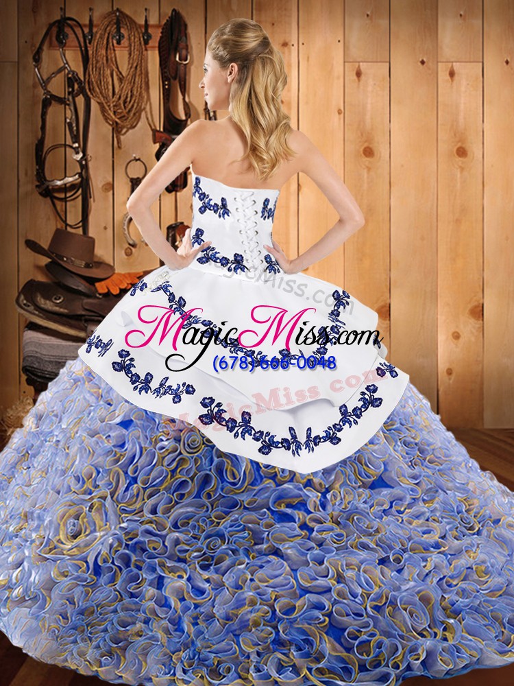 wholesale enchanting multi-color sleeveless satin and fabric with rolling flowers sweep train lace up sweet 16 dresses for military ball and sweet 16 and quinceanera