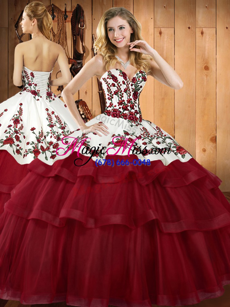 wholesale edgy wine red lace up sweetheart embroidery quinceanera gown organza sleeveless sweep train