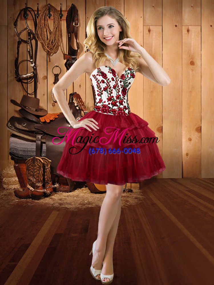 wholesale edgy wine red lace up sweetheart embroidery quinceanera gown organza sleeveless sweep train