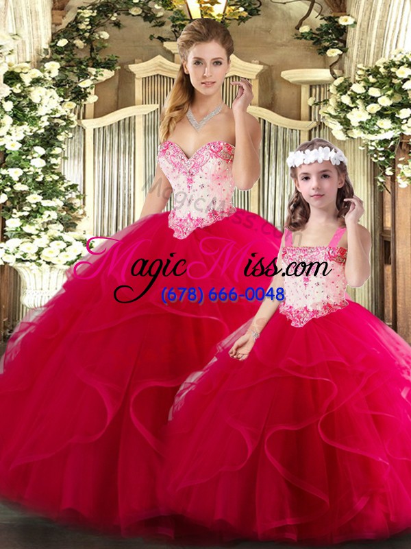 wholesale dramatic beading and ruffles sweet 16 dresses red lace up sleeveless floor length