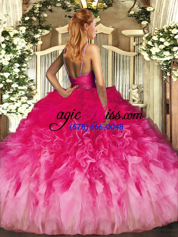 wholesale noble multi-color tulle backless quinceanera dresses sleeveless floor length beading and ruffles