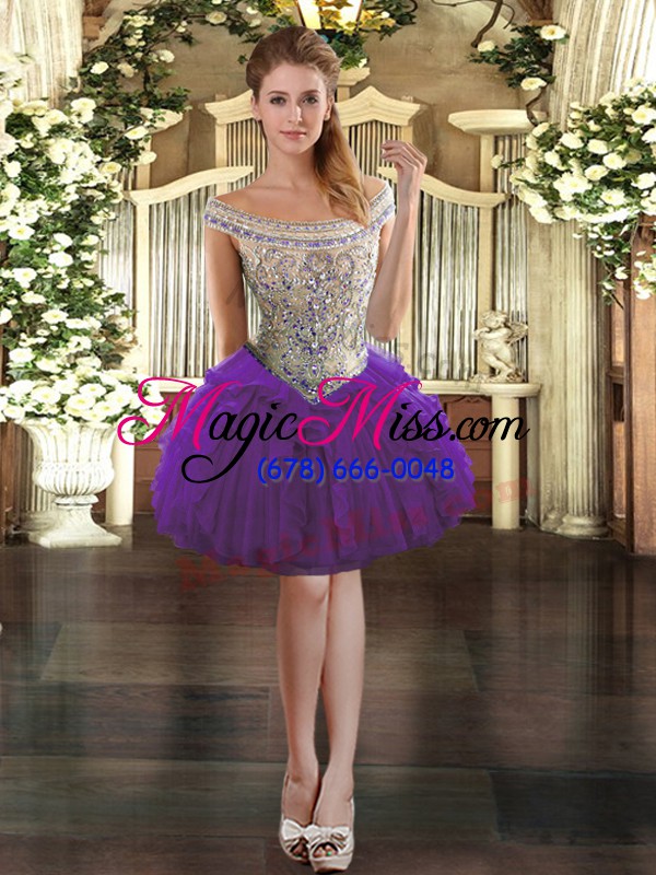 wholesale artistic purple lace up bateau beading and ruffles quince ball gowns organza sleeveless