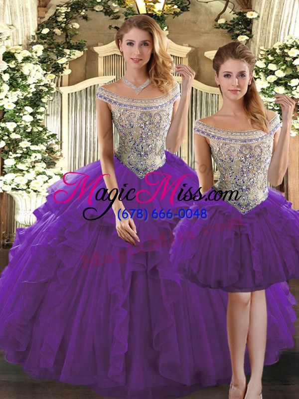 wholesale artistic purple lace up bateau beading and ruffles quince ball gowns organza sleeveless