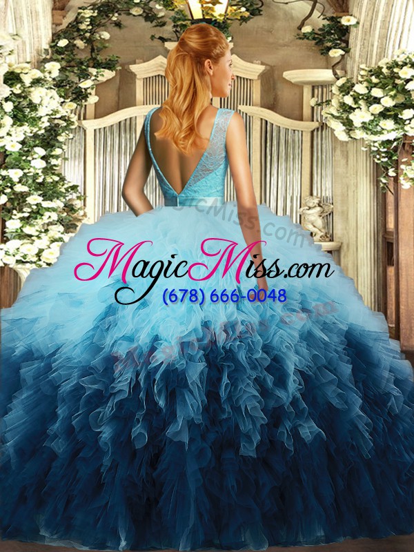 wholesale floor length multi-color quinceanera gowns tulle sleeveless beading and ruffles